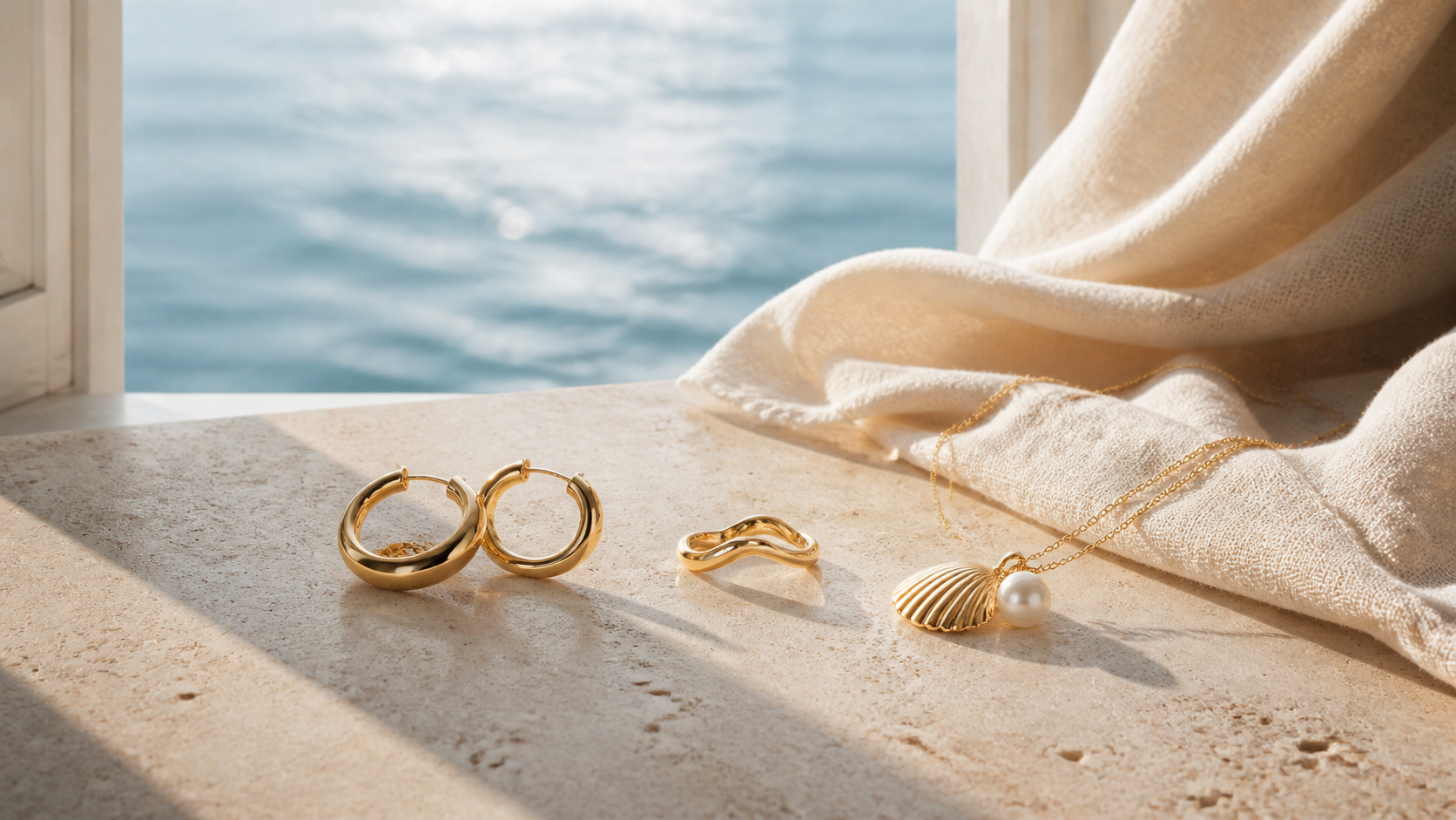 Gold hoops, a fluid ring and pearl pendant in warm California coastal light