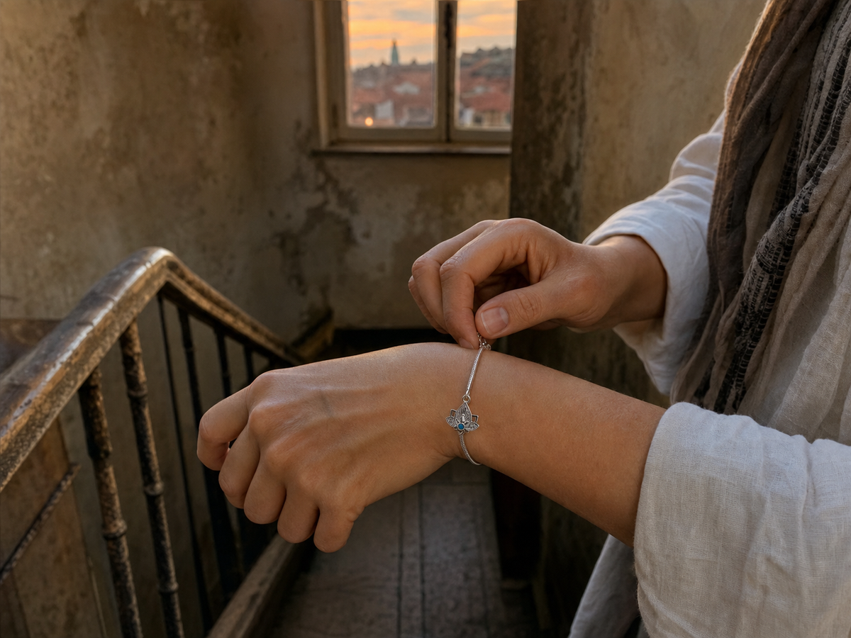 Traveller fastening a bracelet with the Ring Idea silver lotus charm on a guesthouse staircase