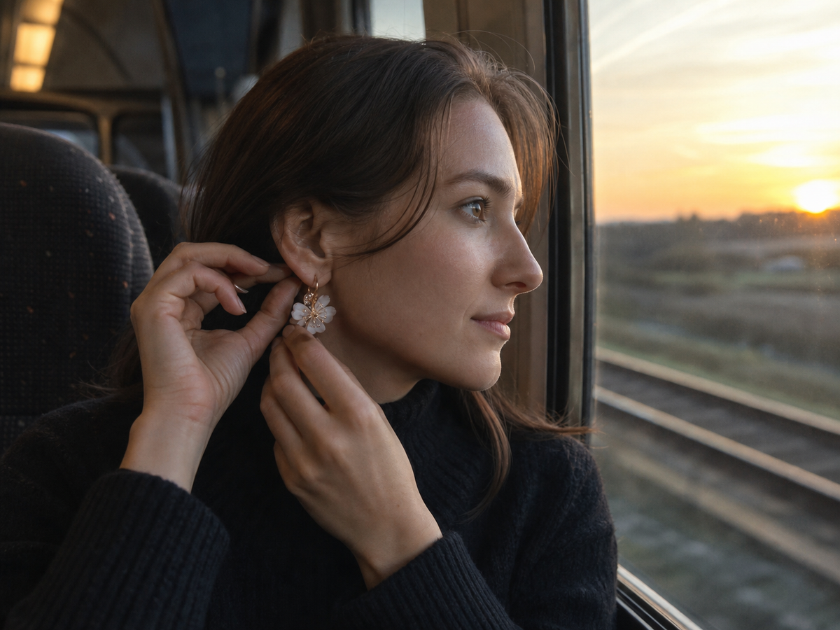 Traveller fastening the Ring Idea flower crystal earring beside a train window at sunrise