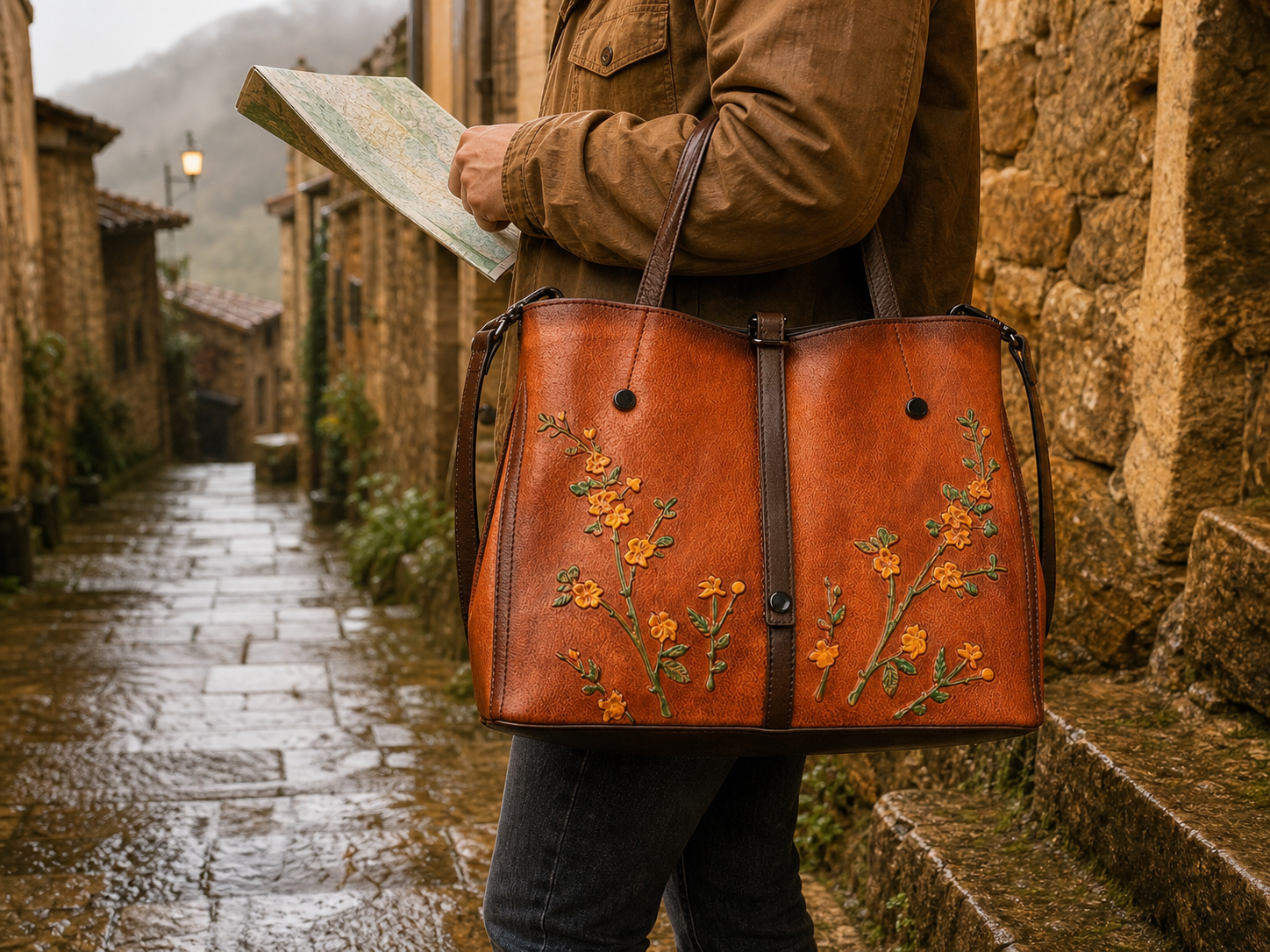 Traveller carrying the Ring Idea brown embroidered handbag while checking a map on a wet hillside street