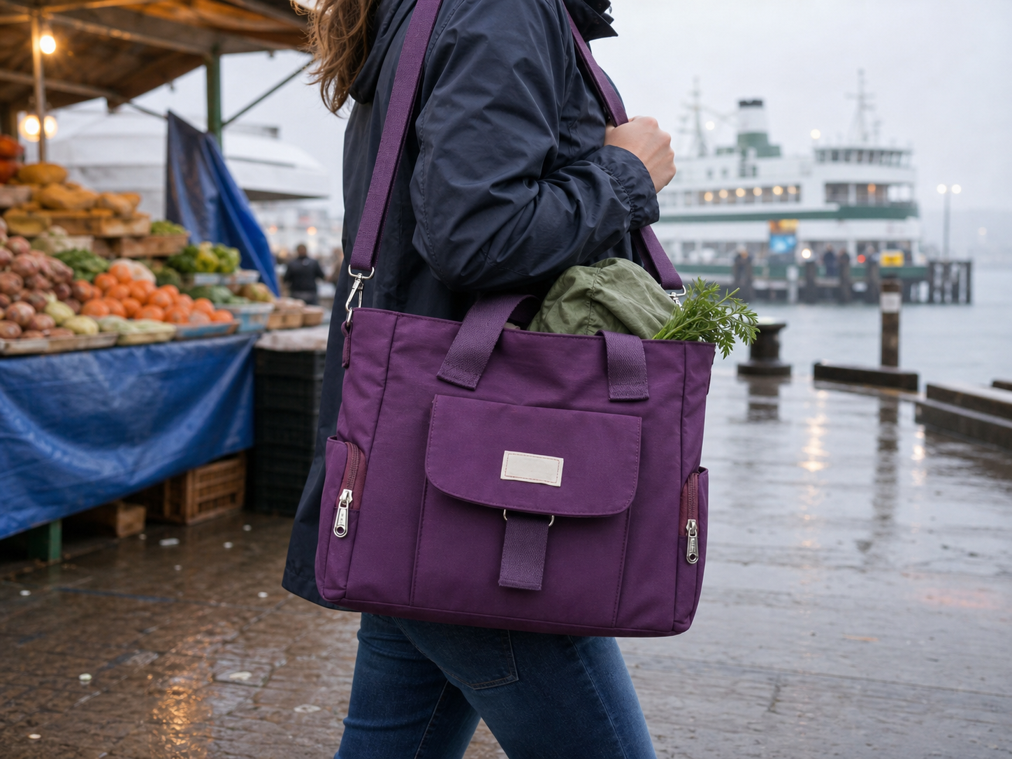 Traveller carrying the Ring Idea purple multi-pocket tote through a wet harbour market