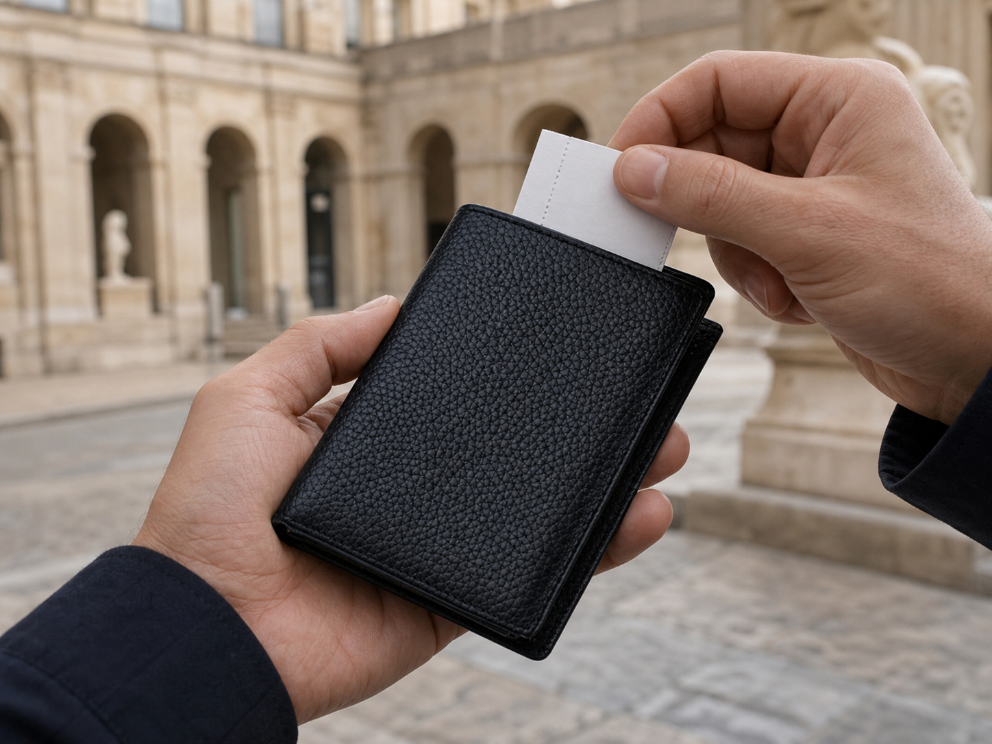 Traveller placing a museum ticket into the Ring Idea black pebbled leather wallet