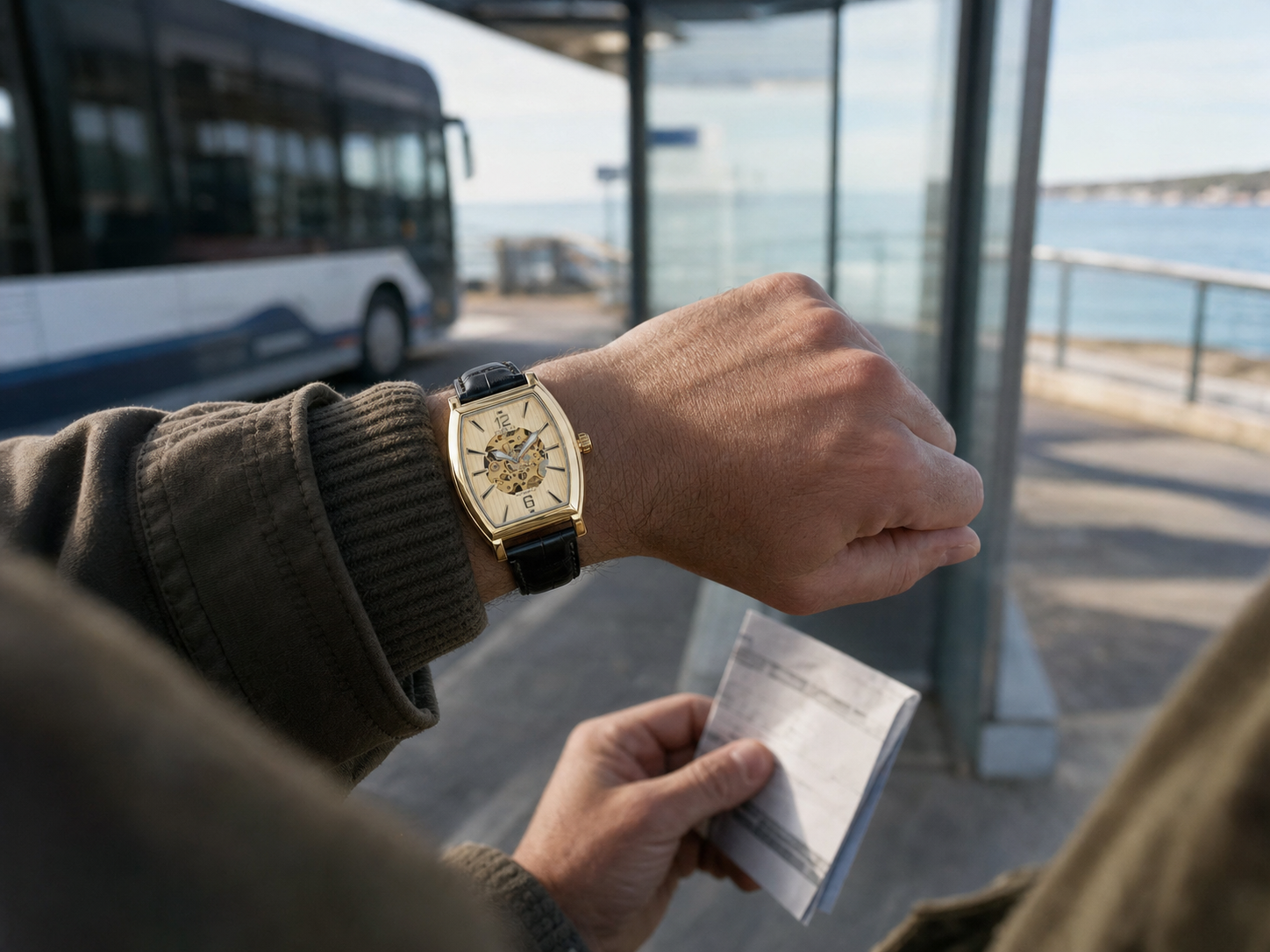 Traveller checking the Ring Idea gold-tone open-heart mechanical watch at a coastal bus terminal