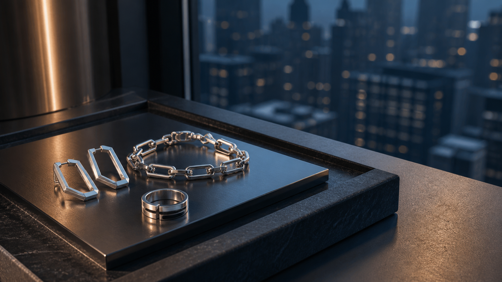 Geometric silver jewellery arranged beside a New York window at blue hour