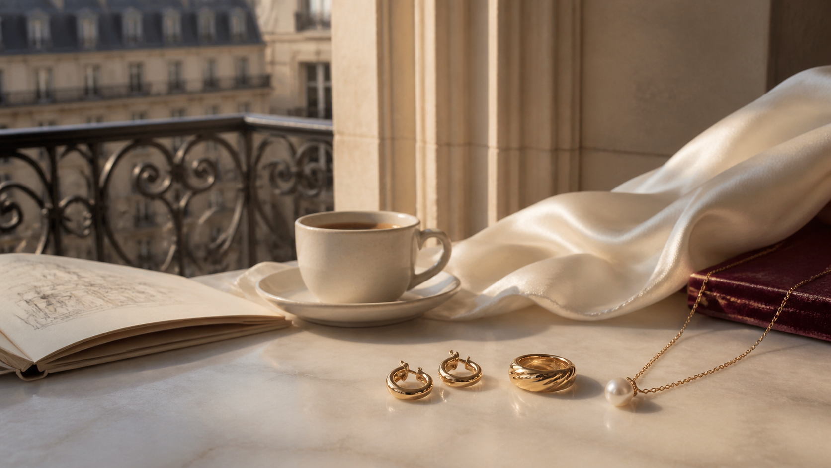 Gold and pearl jewellery in soft morning light on a Paris apartment balcony