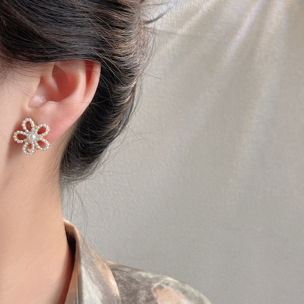 Silver Needle Pearl Flower Earrings Women's Simple – Gifts for Her — 1