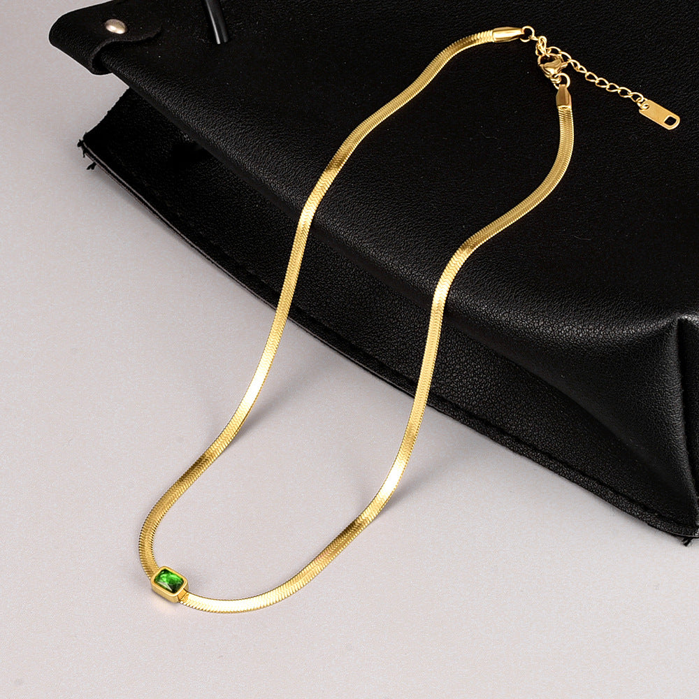Square Green Crystal Flat Snake Bone Necklace – Jewelry Gift Ideas — 1