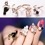 Crystal Cat Pearl Rhinestone Knuckle Nail Ring Set – Cat Lover Gifts — 3