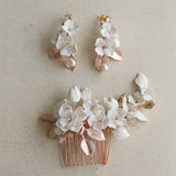 Porcelain Hair Comb Earring Set White Flowers – Jewelry Gift Ideas — 1