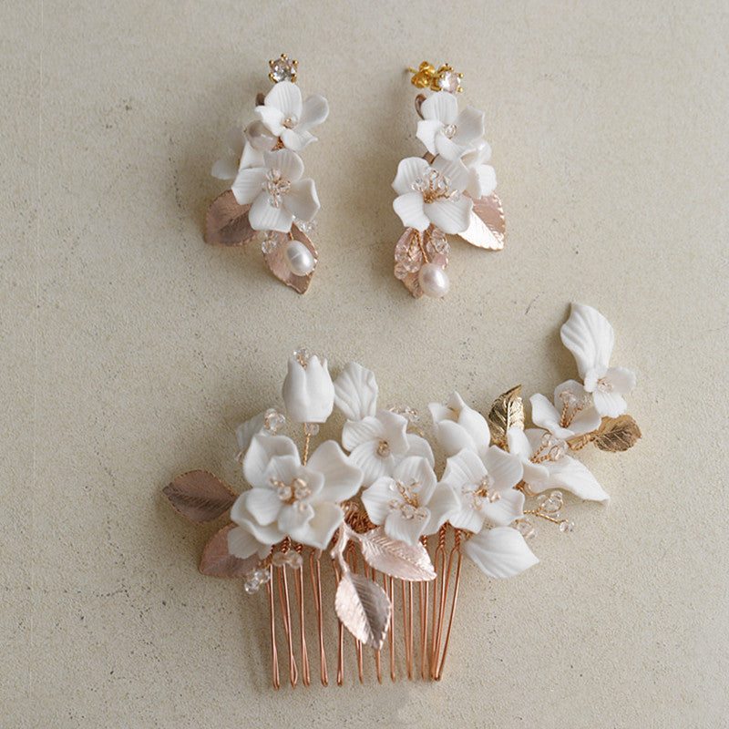 Porcelain Hair Comb Earring Set White Flowers – Jewelry Gift Ideas — 1