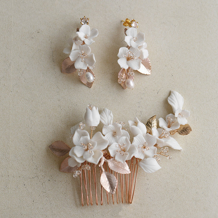 Porcelain Hair Comb Earring Set White Flowers – Jewelry Gift Ideas — 1