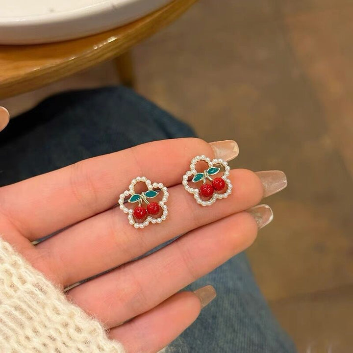 S925 Silver Needle Red Cherry Pearl Earrings Female – Gifts for Her — 1