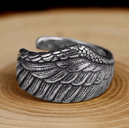 S925 Silver Men Ring Adjustable Eagle Wing Feather – Gifts for Him — 1