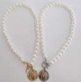 Portrait Round Coin Pendant Pearl Chain Necklace – Jewelry Gift Ideas — 4
