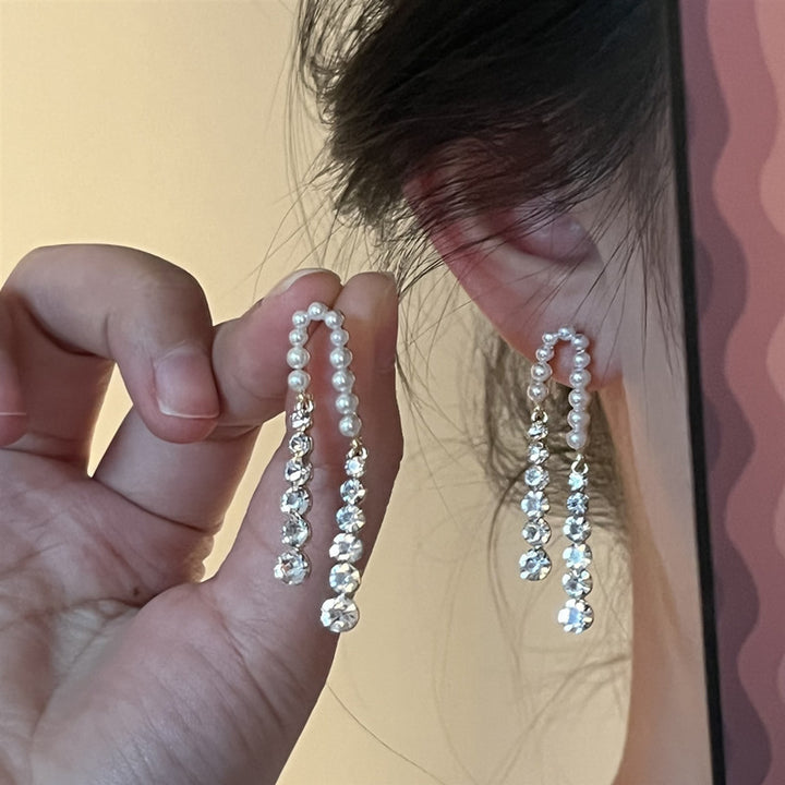 Needle Pearl Rhinestone Tassel Earrings Light – Special Occasion Gifts — 1