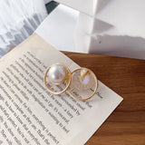 Silver Post Pearl Stud Earrings Geometric Round – Thoughtful Gifts — 6