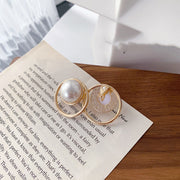 Silver Post Pearl Stud Earrings Geometric Round – Thoughtful Gifts — 6