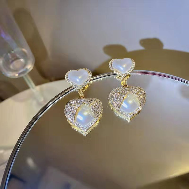 Rhinestone Pearl Heart 925 Silver Stud Earrings – Holiday Gift Ideas — 1