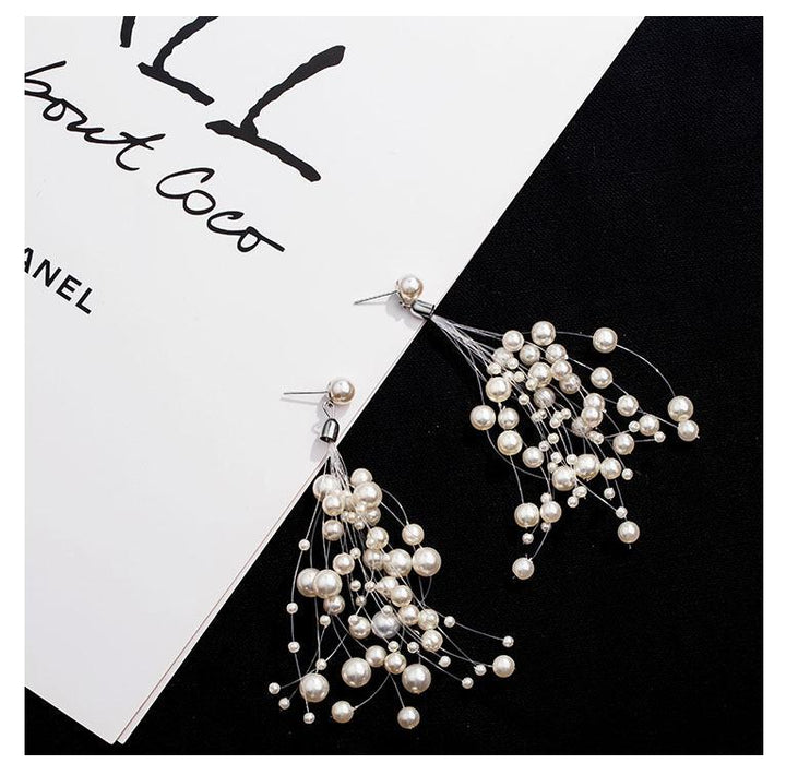 Stars Long Pearl Fishline Earrings With Fringe – Gift Ideas — 1