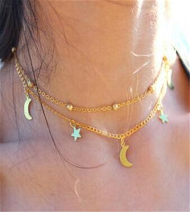 Retro Simple Layered Necklace Moon Star Sequined – Jewelry Gift Ideas — 1