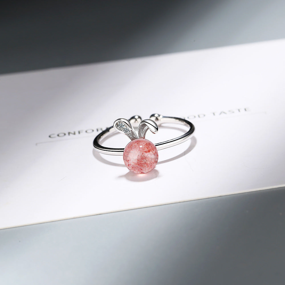 Natural strawberry Crystal Cute Rabbit ring female – Gifts for Her — 1