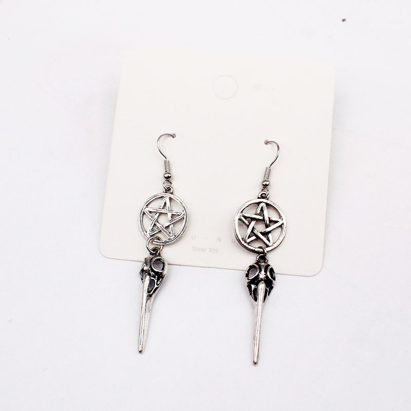 Ancient Silver Pentagram Long Beak Crow Earrings – Unique Gift Ideas — 1