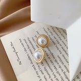Silver Post Pearl Stud Earrings Geometric Round – Thoughtful Gifts — 4