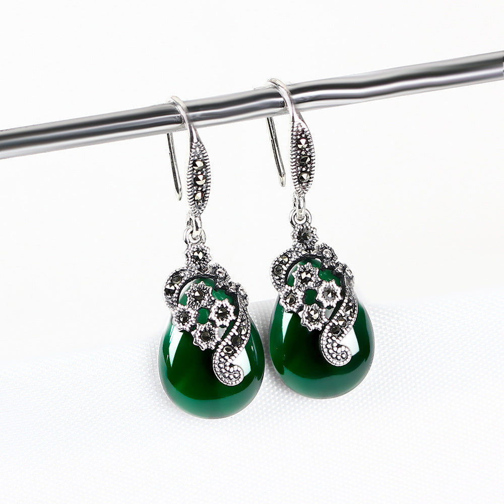 Vintage Thai Silver Earrings Female Green Agate – Gifts for Her — 1