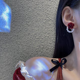 Silver Pin Flocking Wine Red Rose Earrings – Small Gift Ideas — 3