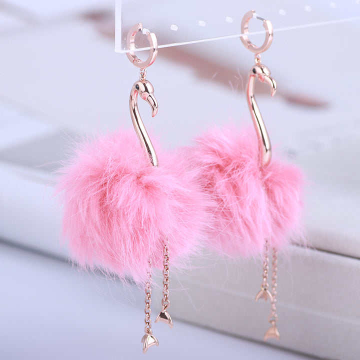 Fashion Fur Ball Realistic Flamingo Elegant Earrings – Stylish Gifts — 1