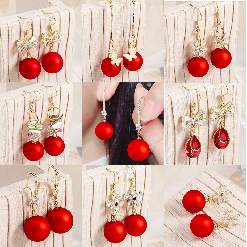 Short Festive Red Pearl Frosted Bead Earrings – Stylish Gifts — 1