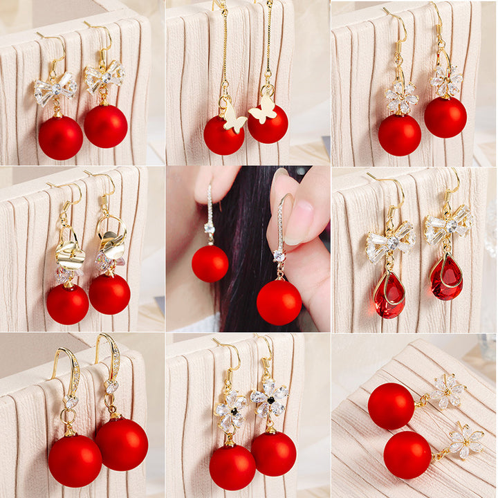 Short Festive Red Pearl Frosted Bead Earrings – Stylish Gifts — 1