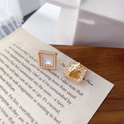 Silver Post Pearl Stud Earrings Geometric Round – Thoughtful Gifts — 2