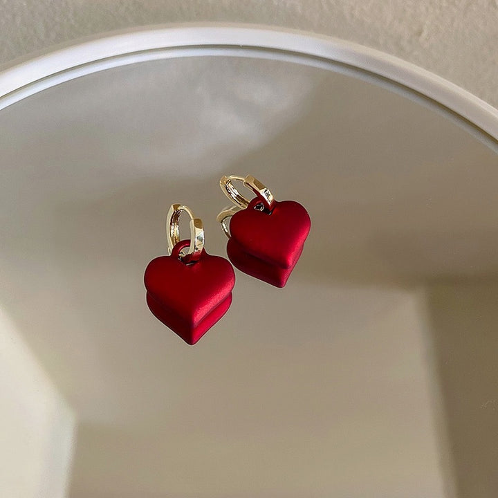 Temperament Red Heart Earrings Women's Frosted Matte – Gifts for Her — 1