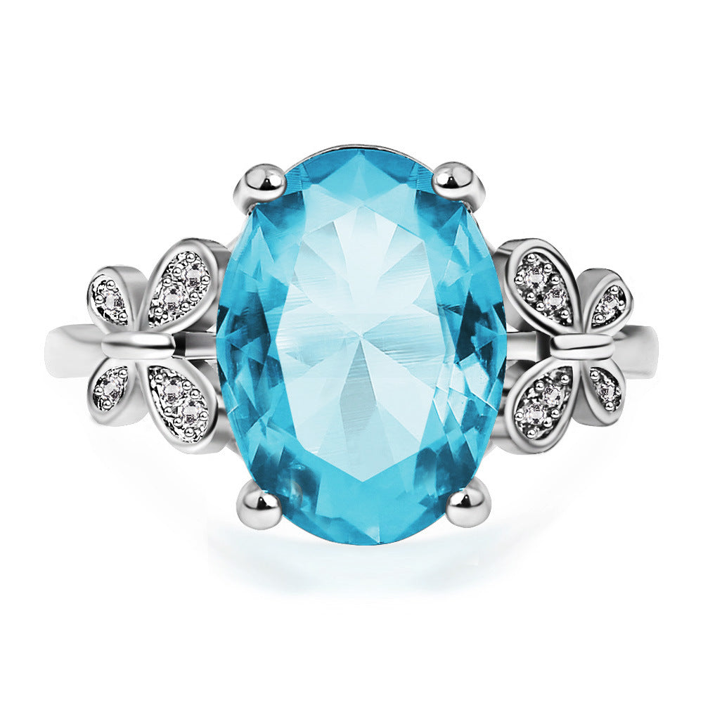 Oversized Sea Blue Zircon Ladies Ring Simple Bow – Holiday Gift Ideas — 1
