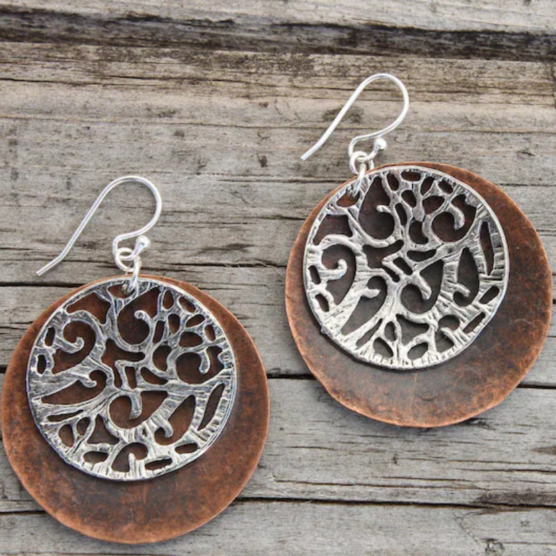 Vintage Round Two-tone Hammered Pendant Earrings – Jewelry Gift Ideas — 1