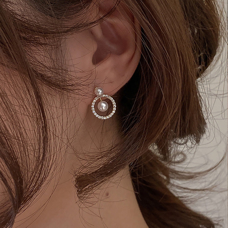 French Geometric Round Zircon Pearl Earrings – Practical Gifts — 1