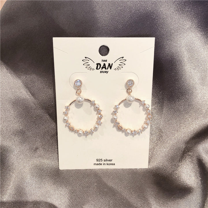 Circle Silver Needle Zircon Pearl Earrings Personality – Stylish Gifts — 1