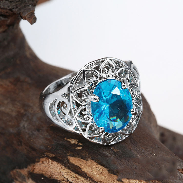 Inlaid Light Blue Drill Hollowed Out Heart Ring Ring – Gifts for Her — 1
