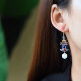 Palace Vintage Wind Hetian Jade Earrings Enamel Color – Stylish Gifts — 1