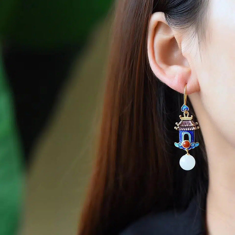 Palace Vintage Wind Hetian Jade Earrings Enamel Color – Stylish Gifts — 1