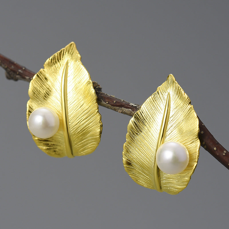 Sterling Silver Leaf Pearl Earrings – Gift Ideas — 1