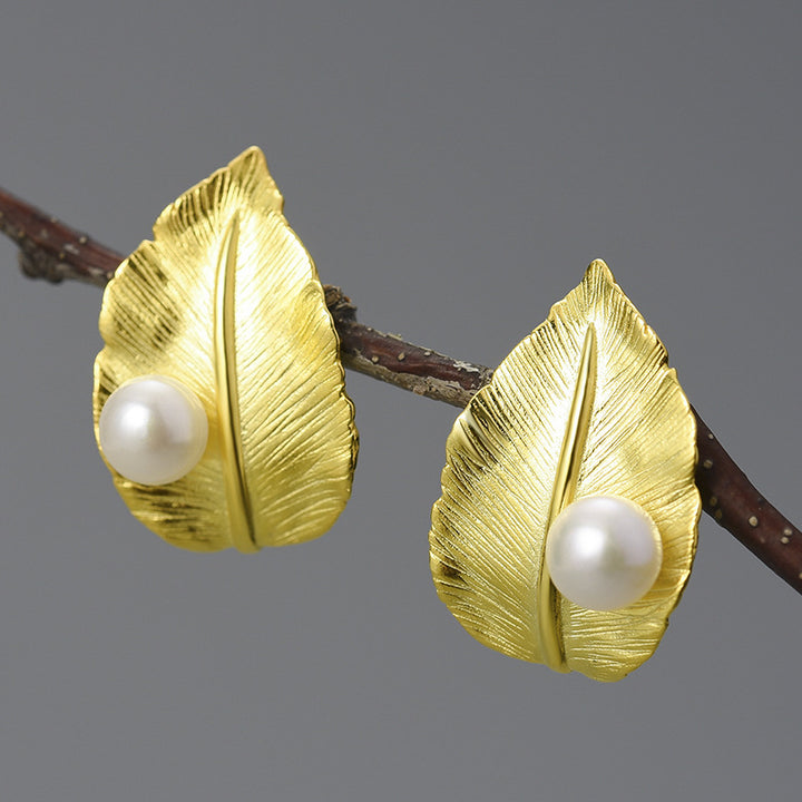 Sterling Silver Leaf Pearl Earrings – Gift Ideas — 1
