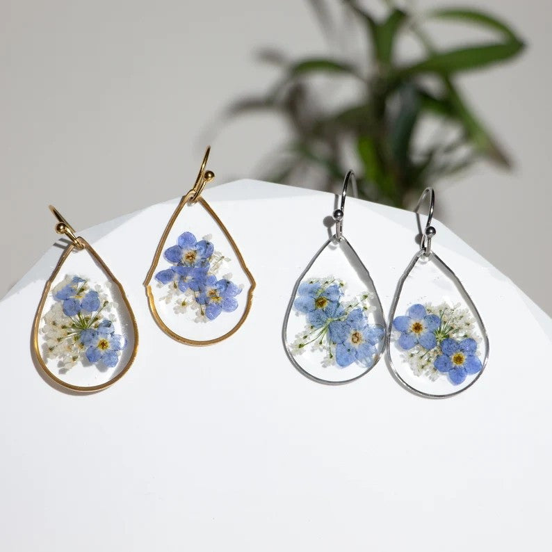 Myosotis Sylvatica Real Flower Earrings Water Drop – Stylish Gifts — 1