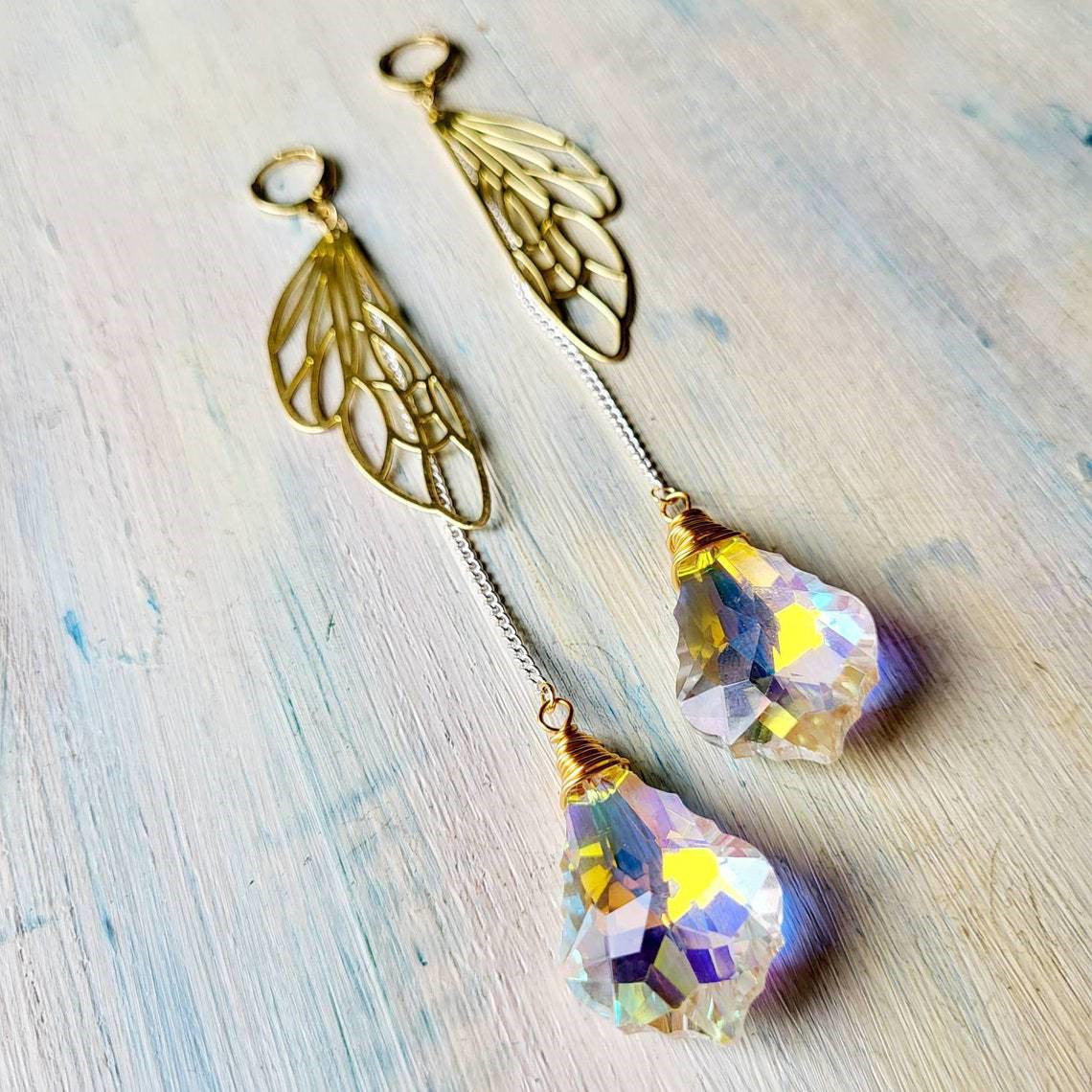 Gold Plated Pair Of Wings Drop Earrings Long Chain – Practical Gifts — 1