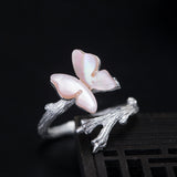 Pink Shell Butterfly Ring Female Branch S925 Silver – Gifts for Her — 7