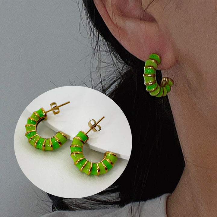 Enamel Drip Glazed Color C- Shaped Bamboo Stud Earrings – Gift Ideas — 1