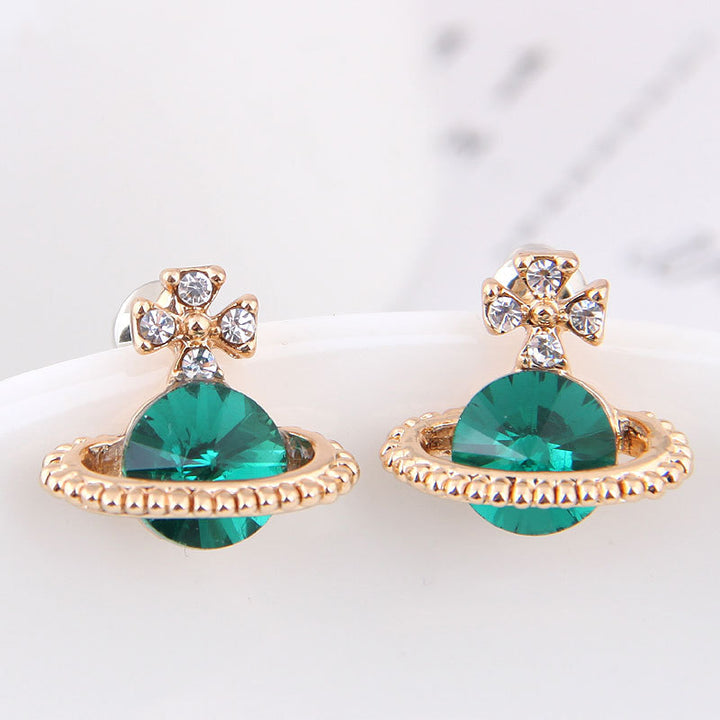 Women's Green Diamond Saturn Stud Earrings – Gifts for Her — 1