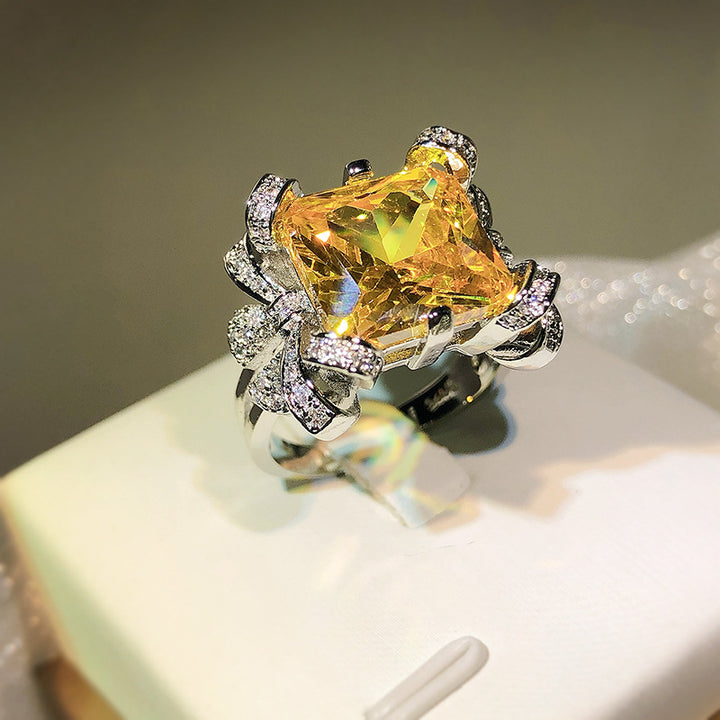 Diamond Yellow Princess Square Ice Flower Cut Open Ring – Gift Ideas — 1