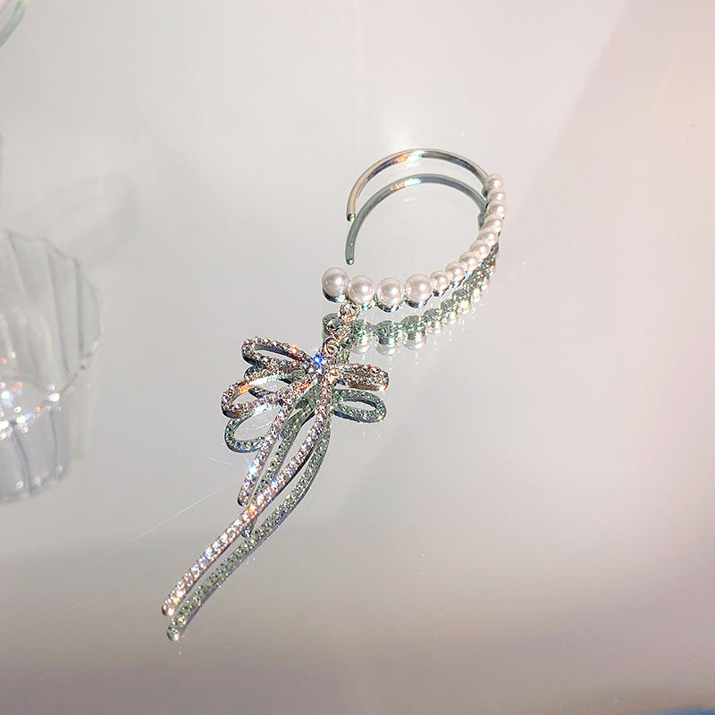 Full Diamond Pearl Bow Fringe Earrings – Surprise Gifts — 1